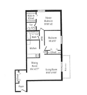 Floor plan for 2 beds, 1 bath, 882 sqft